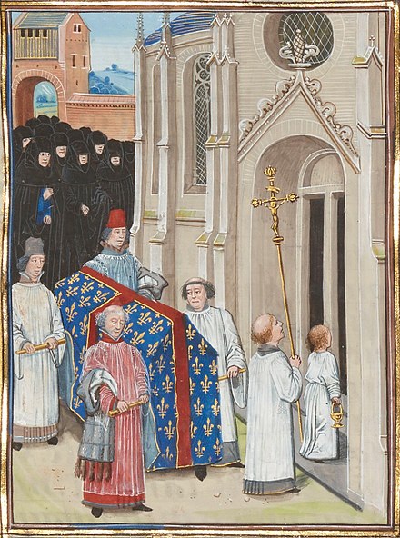 King Philip's funerary procession, which was presided over by the Archbishop of Reims, illustrated by Loyset Liédet