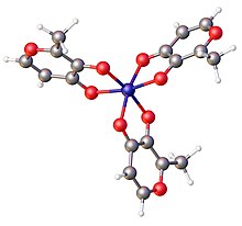 Structure of Fe(maltol-H)3. Color code: red = O, gray = C, blue = Fe. GAVBEK.jpg