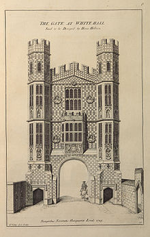 Vertue, 'The Gate at Whitehall' (Holbein Gate) in Vetusta Monumenta Vol.1, 1747 (1826) Gate at Whitehall from Vetusta monumenta (Vol.1, 1826).jpg