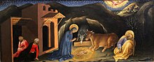 Nativity, predella of the Adoration of the Magi (1423), by Gentile da Fabriano, Uffizi Gallery, Florence. Gentile da Fabriano - Nativity - WGA08543.jpg