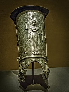 Gladiator shin guard depicting the goddess Athena from the gladiator barracks in Pompeii 1st century CE.jpg