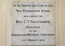 Foundation stone laid in 1929 Graceville Uniting Church, Graceville, Brisbane, Queensland, Australia 04.jpg