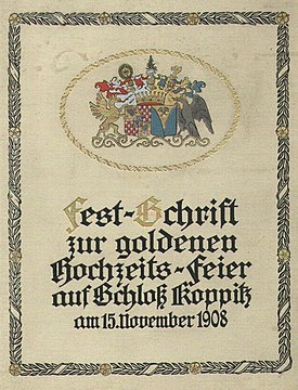 Okładka pamiątkowego albumu z 1908 r. z herbami Hansa Ulricha i Joanny Schaffgotschów