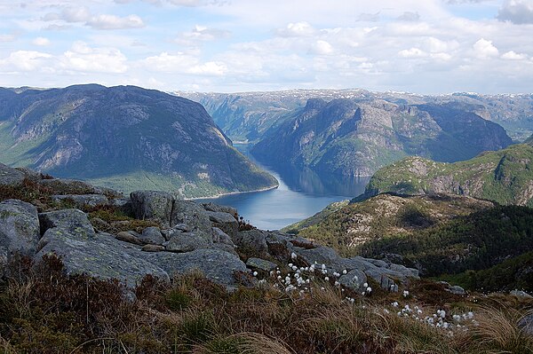 Høgsfjorden in front, Frafjorden in the back, looking east. Gjesdal includes everything in the forefront and right side, Forsand is on the left-back o