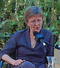 Australian fiction writer Helen Garner was retrospectively considered to be a grunge lit author, due to the characters and subject matter of her 1977 novel Monkey Grip: an inner-city single mother living in a destructive relationship with a heroin addict, amidst a circle of mostly unemployed artists and actors. Helen Garner at Adelaide Writer's Week.jpg