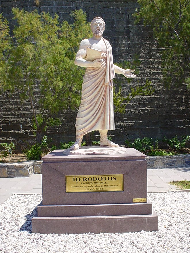 Romanticized statue of Herodotus in his hometown of Halicarnassus, modern Bodrum, Turkey
