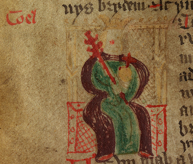 An illustration depicting Coel from a 15th-century Welsh-language version of Geoffrey of Monmouth's Historia Regum Britanniae
