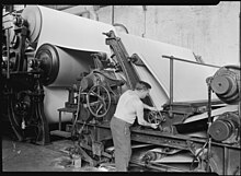 Making matchboard at the American Writing Paper Company, Mt. Holyoke, MA (ca 1940) Mt. Holyoke, Massachusetts - Paper. American Writing Paper Co. Cylinder machine (making matchboard). - NARA - 518334.jpg