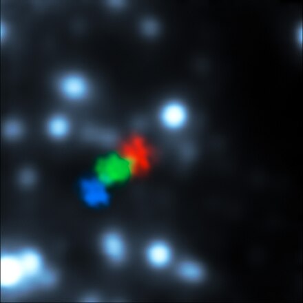 Gas cloud being ripped apart by black hole at the centre of the Milky Way (observations from 2006, 2010 and 2013 are shown in blue, green and red, respectively).[124]