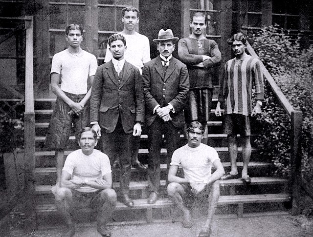Indian Olympic delegation 1920: (top row, l-to-r:) D. Shinde, Bannerjee, Navale, Chaugule; (middle:) Bhoot, Fyzee; (seated:) Datar, Kaikadi