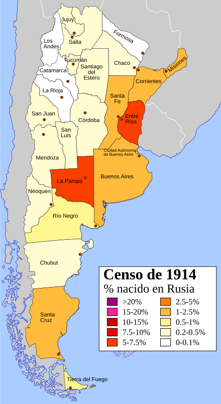 Percentage of people born in the Russian Empire (1914 Argentine census) Inmigrantes rusos en Argentina (1914).svg