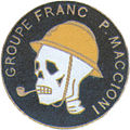 Insigne métallique du groupe franc du 66e RI en 1939-40. On pourra noter la pipe en référence à la devise du régiment: Sans Tabac.(Fabrication Fraisse-Demey).