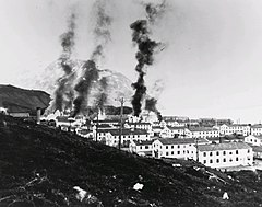 Image 16Buildings burning after the first Japanese attack on Dutch Harbor, June 3, 1942. (from History of Alaska)