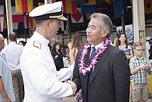 Governor David Ige with U.S. Navy admiral John Richardson at the 75th Commemoration Event of the attacks on Pearl Harbor and Oahu, 2016