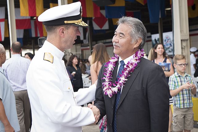 Governor Ige with U.S. Navy admiral John Richardson at the 75th Commemoration Event of the attacks on Pearl Harbor and Oahu, 2016