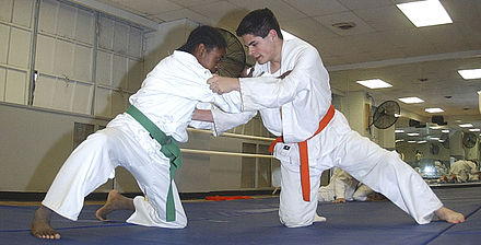 Two judoka wearing judogi