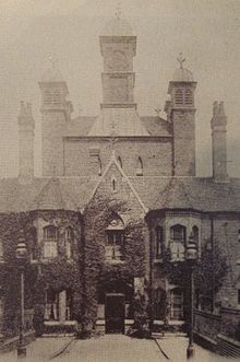 Entrance to the King's Norton Union Workhouse at Selly Oak, showing its original decorative cupolas, circa 1910. King's Norton Union Workhouse.jpg