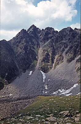 Klopaierspitze from the southeast, to the right of the summit is the couloir through which the ascent leads.