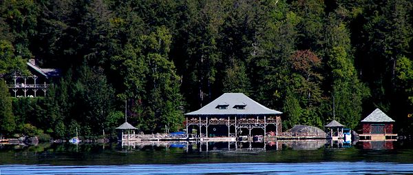 The boathouse and one of the cottages at Knollwood Club on Lower Saranac Lake.