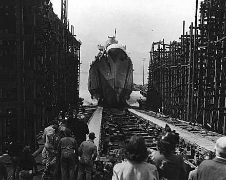 The newly constructed USS Birmingham is launched from the Newport News yards in 1942