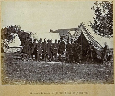 President Lincoln visiting the Army of the Potomac at the Antietam battlefield, September 1862. Photo by Alexander Gardner. Lincoln at Antietam.jpg