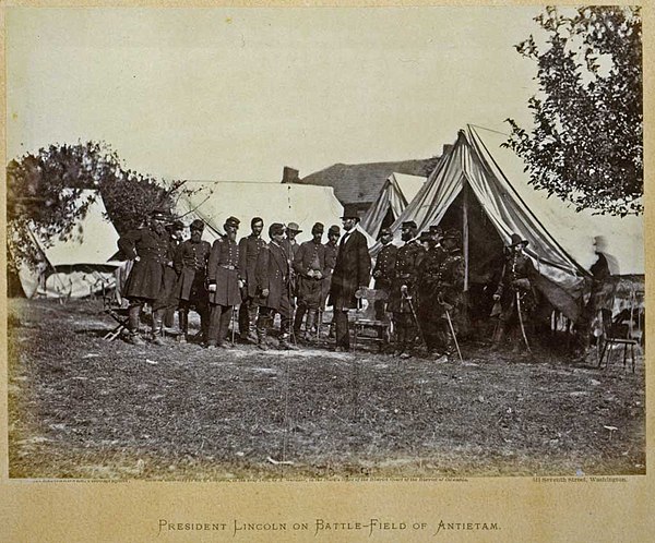 President Lincoln visiting the Army of the Potomac at the Antietam battlefield, September 1862. Photo by Alexander Gardner.