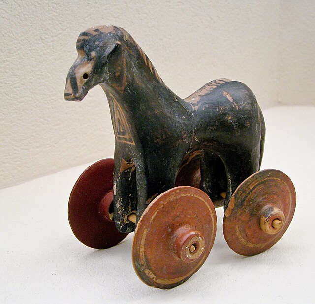 Little horse on wheels, Ancient Greek children's toy. From a tomb dating 950–900 BCE, Kerameikos Archaeological Museum, Athens