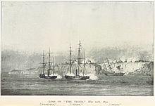 HMS Tiger aground (right), with HMS Vesuvius (left) and HMS Niger (center) offshore. Loss of HMS Tiger.jpg