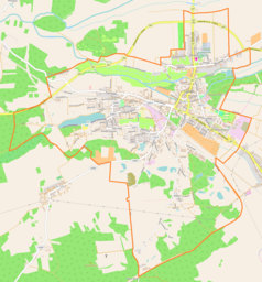 Mapa konturowa Lubska, blisko centrum na prawo znajduje się punkt z opisem „Lubsko”