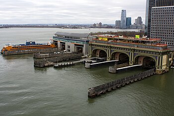 View of the slips of the ferry buildings in South Ferry (December 2014) Manhattan Island Ferry Terminals photo D Ramey Logan.jpg