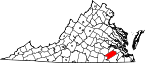 Hartă a statului Virginia indicând comitatul Sussex