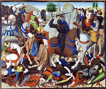 Maugis on his horse Bayard, fighting against the Infidels, in Renaud de Montaubant. Loyset Liedet, Bruges, 1462-1470 Maugis on his horse Bayard, fighting against the Infidels.jpg