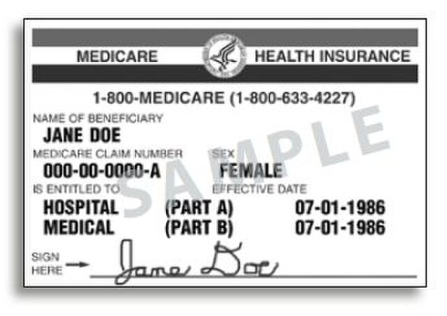 A sample of the Medicare card format used through 2018. The ID number is the subscriber's Social Security number, followed by a suffix indicating the 
