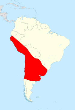 Mapa con la distribución de las especies conocidas de Megatherium en rojo, inferida de los hallazgos fósiles