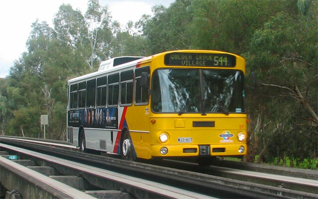 A Mercedes-Benz O305 bus on the O-Bahn Busway route in Adelaide, Australia