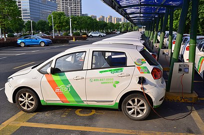 Electric vehicle charging station in Hangzhou, China. For new cars, China will only allow sale of new energy vehicles, such as electric vehicles begging in 2035.[1](Image 11)