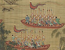 Ming warriors holding polearm weapons on transport boats Ming glaive warriors on boats return clearing (51172485500).jpg