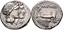Denarius of Manius Fonteius, 108-107 BC. The obverse depicts the heads of the Dioscuri. The reverse reuses Telegonus' galley as on the denarius of Gaius Fonteius. Mn. Fonteius, denarius, 108-107 BC, RRC 307-1b.jpg
