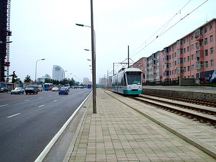 A modern tram near Xinghai Square