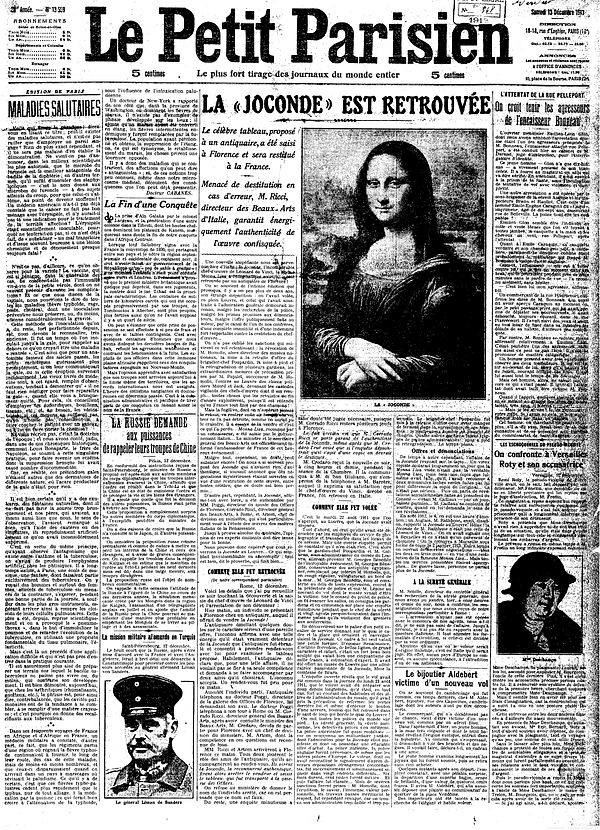 "La Joconde est Retrouvée" (The Mona Lisa is Found), Le Petit Parisien, No. 13559, 13 December 1913