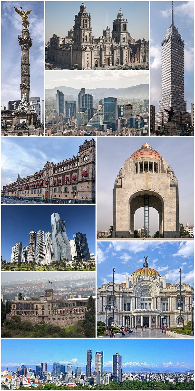 From top and left: Angel of Independence, Mexico City Metropolitan Cathedral, Paseo de la Reforma, Torre Latinoamericana, National Palace, Parque La Mexicana in Santa Fe, Monumento a la Revolución, Chapultepec Castle, Palacio de Bellas Artes and Paseo de la Reforma