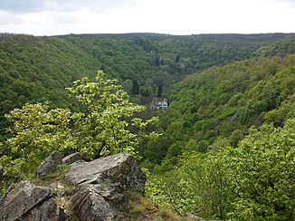 West of Pulkau, the river winds through a valley cut deep into the Bohemian Massif with several former mills and is largely unregulated.