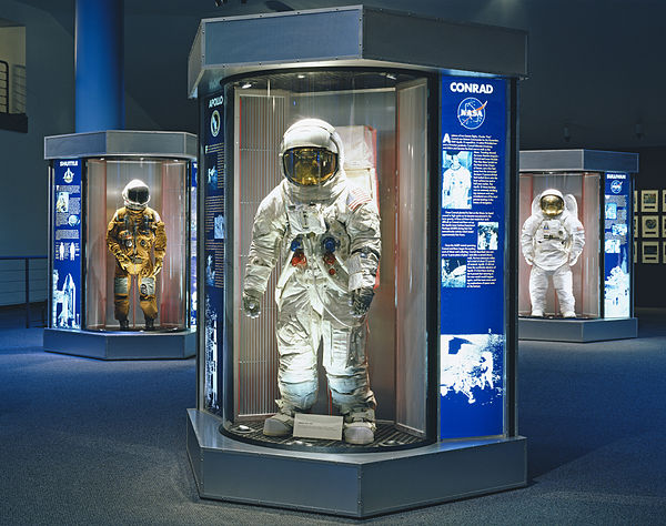 NASA space suits previously worn by the Astronaut Corps at the Johnson Space Center (center, Pete Conrad's suit worn during the 1969 Apollo 12 mission