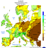 Niederschlagssummen 2.–8.: Erkennbar die Extremereignisse an der Kärntnerisch-Furlanischen Grenze und am unteren Isonzo (über 400 mm), die Stauzonen im Rhone-Gebiet und Raum Genua–Lombardei–Tessin und in Slowenien, sowie im Latium und Sizilien mit je über 200 mm