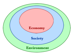 Drie in elkaar ingesloten cirkels die laten zien hoe zowel economie als samenleving deelverzamelingen zijn die volledig binnen ons planetaire ecologische systeem bestaan.