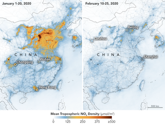 TROPOMI data shows the NO2 levels in China at the beginning of 2020. Image from Earth Observatory. Nitrogen dioxide Density Change In China Due To Coronavirus.png