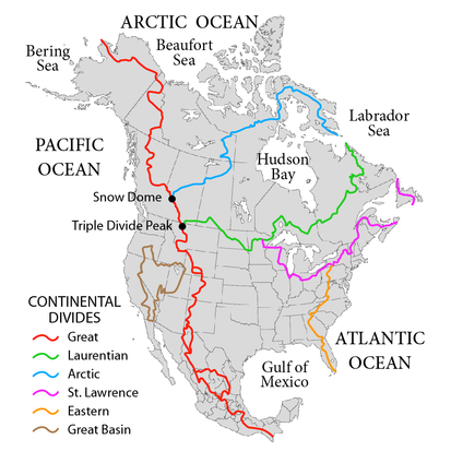 A map of North American drainage basins/divides. Triple Divide Peak is noted at the juncture of the primary North American Continental Divide (red) and Laurentian (green) divides. NorthAmerica-WaterDivides.png