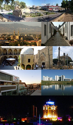 From top to bottom, left to right: The Kyrenia Gate and the İnönü Square, Selimiye Mosque (former St. Sophia Cathedral), historical Samanbahçe neighborhood, the Büyük Han, Bedesten, Sarayönü and the Venetian Column, the entertainment center of Dereboyu, the Near East Medical School, part of North Nicosia skyline at night