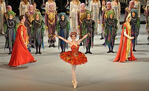 Reconstruction of the world premiere choreography and design at the Salzburger Pfingstfestspiele 2013. Ballet of the Mariinsky Theatre, Saint Petersburg. Oiseau de feu Salzburg2013 c.jpg