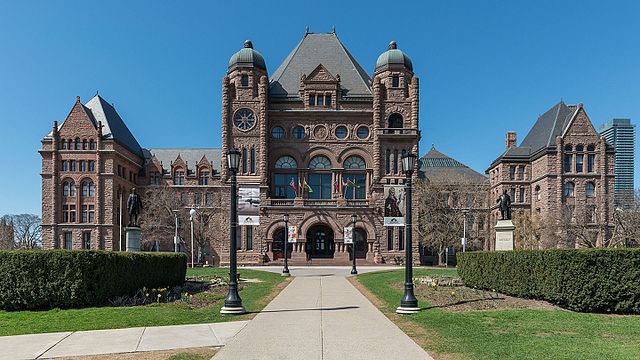 The southern facade of the Ontario Legislative Building, the meeting place for the Legislative Assembly of Ontario.